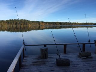 Ruuhijärven laiturilla virveleitä pystyssä, taustalla tyyni järvi.