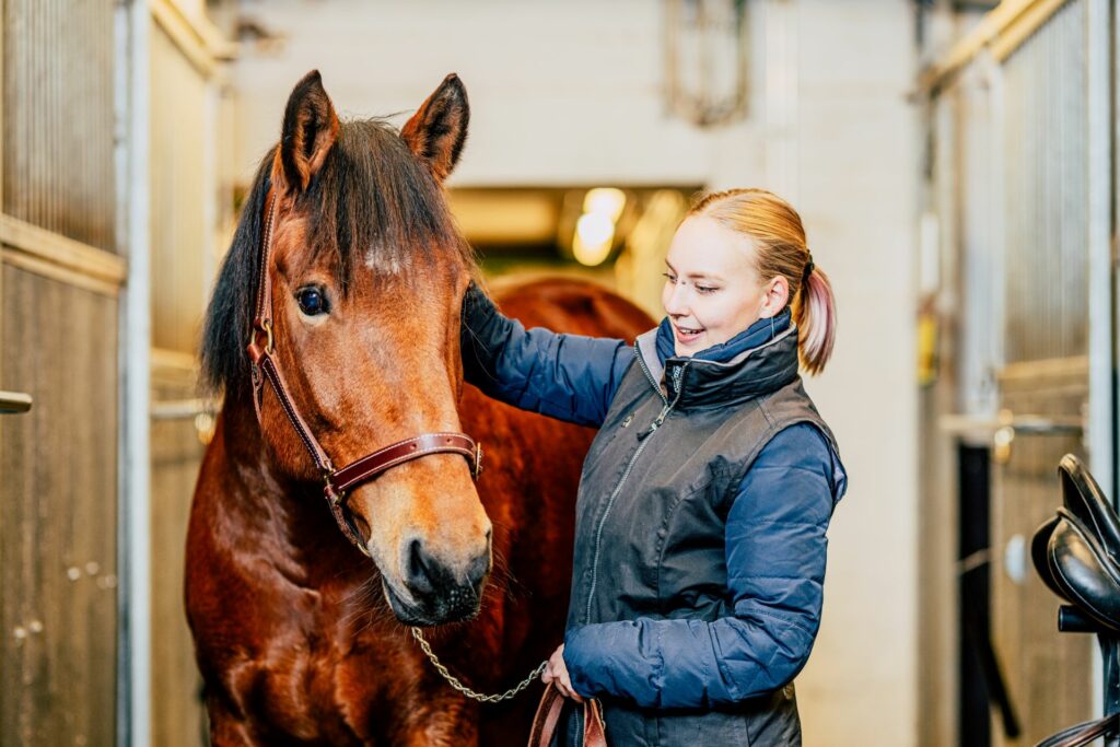 A woman is stroking a horse in the stable.