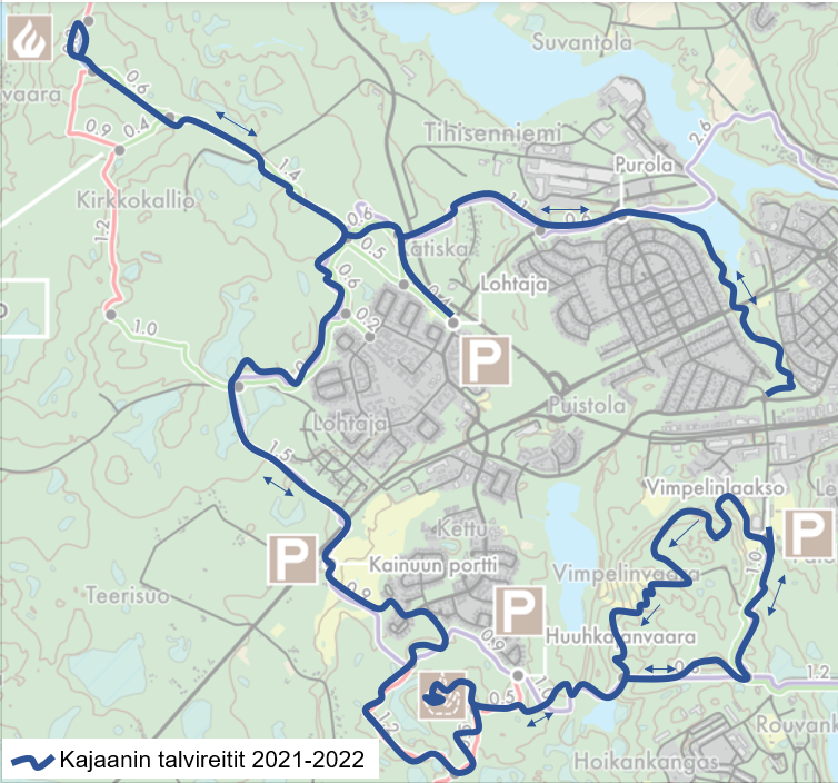 Kajaanin talvireitit 2021-2022 kartalla