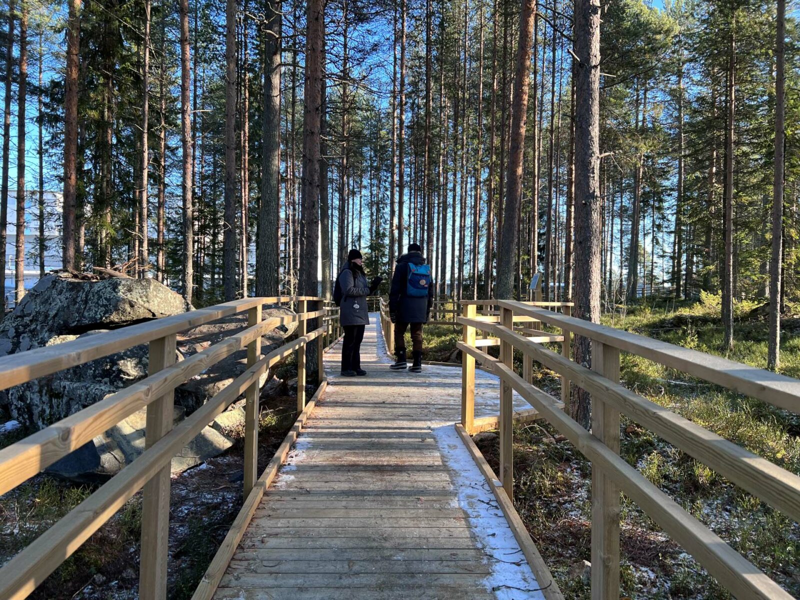 Esteetön reitti metsässä, jossa kaksi ihmistä.