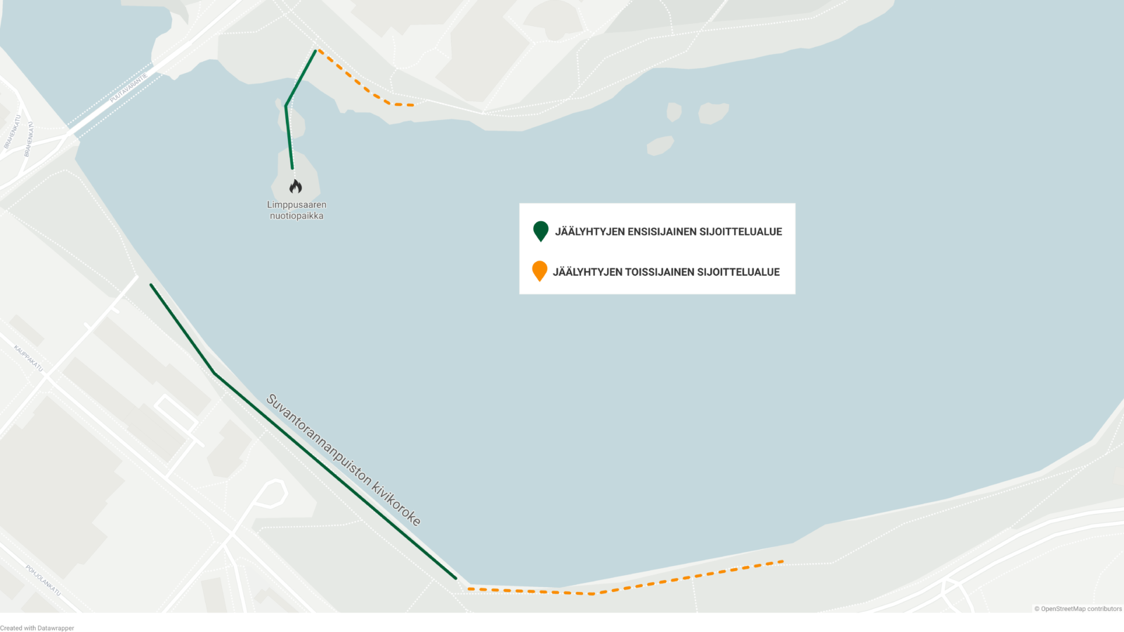 Jäälyhtyjen sijoitusalue Suvantorannassa ja Limppusaaressa.